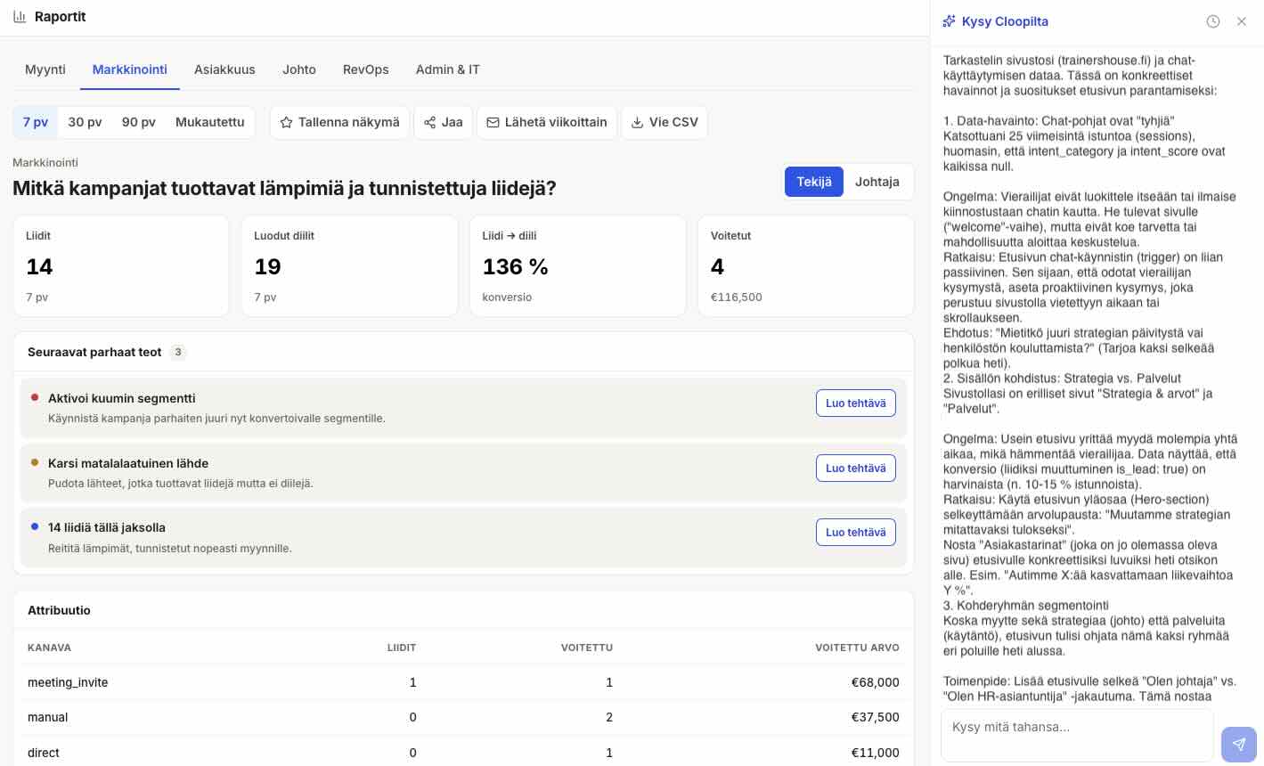 Kysymys omalle datalle Cloopissa ja vastaus suomeksi, mukana perustelu ja linkki lähteenä olleisiin tietueisiin.