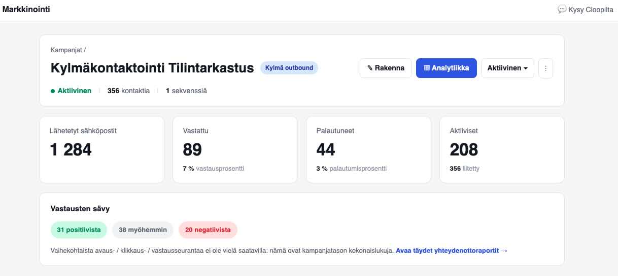 Kohderyhmän rajaus Cloopin CRM:ssä, jossa segmentti muodostetaan suoraan olemassa olevasta yritysdatasta.