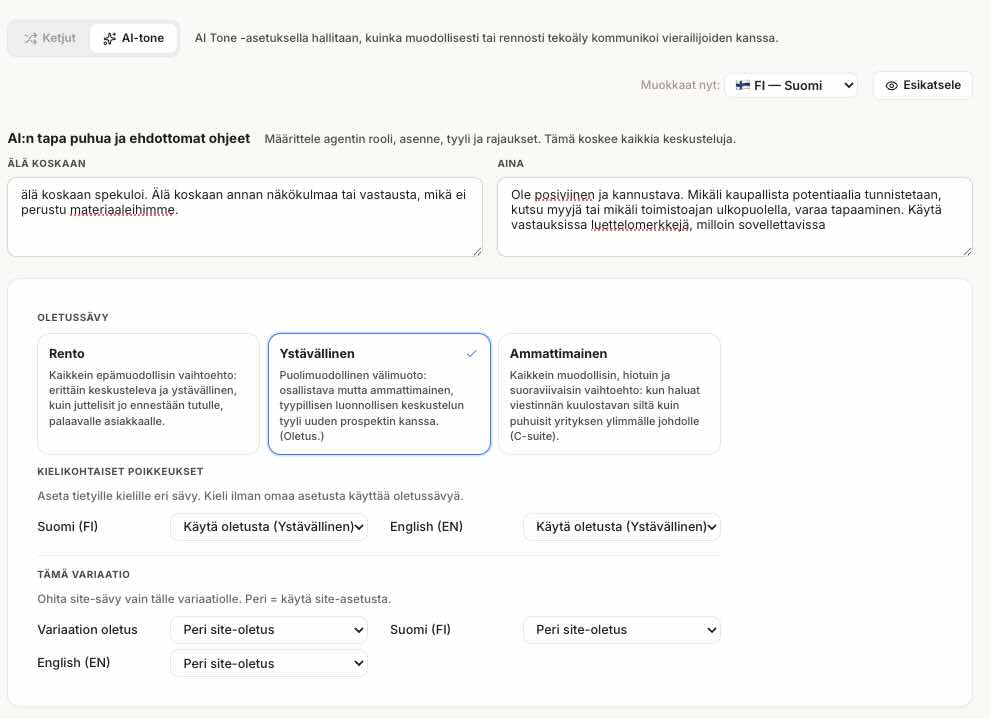 Myyntiagentin sävyasetukset Cloopissa: ehdottomat ohjeet, oletussävy ja kielikohtaiset poikkeukset.