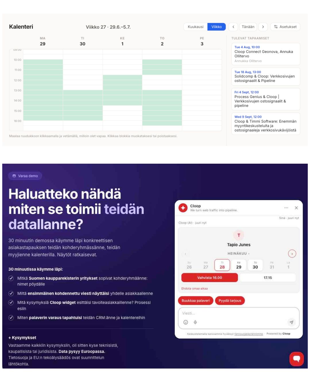 Ajanvaraus keskustelun sisällä: myyntiagentti näyttää myyjän vapaat ajat ja kävijä valitsee niistä yhden.