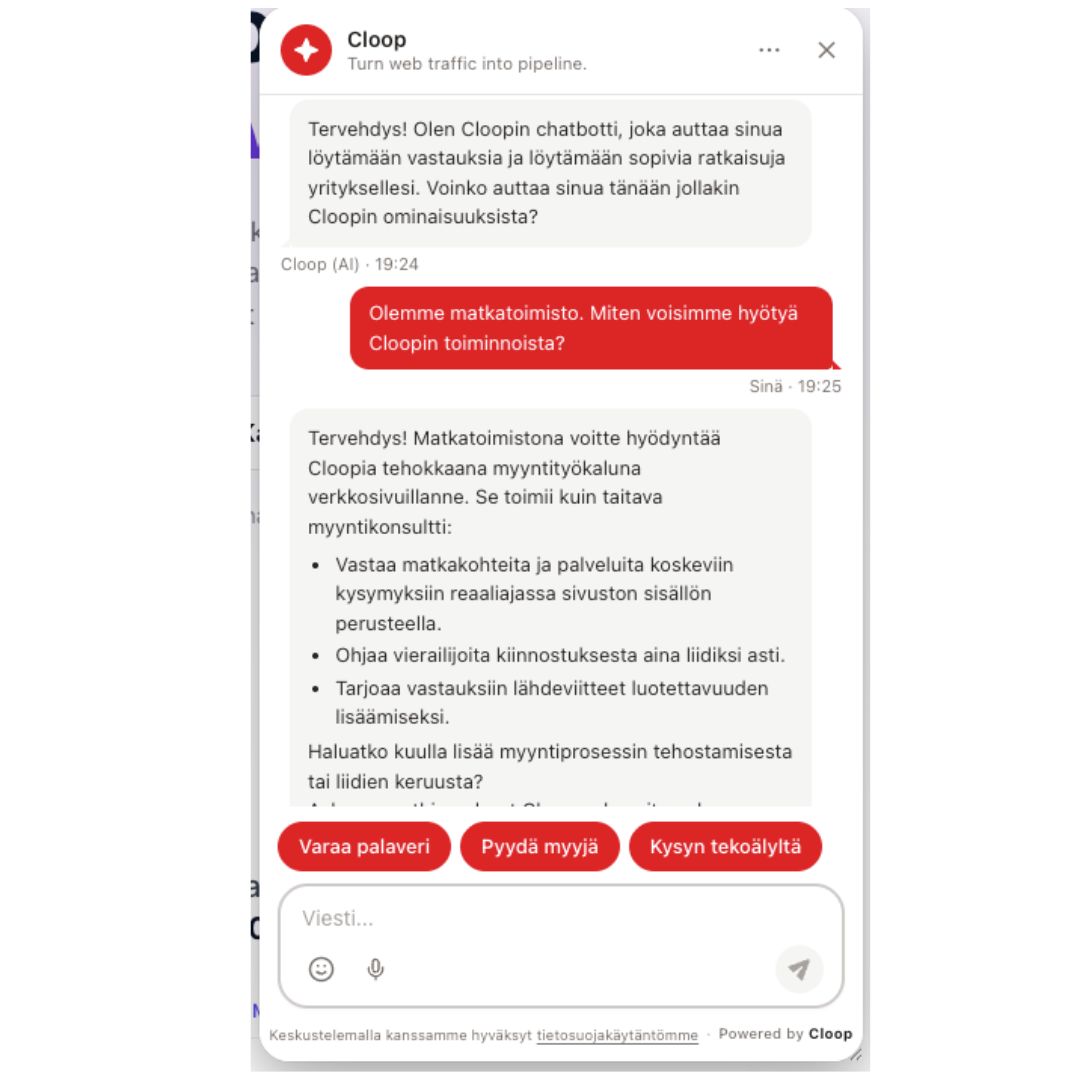 Myyntiagentin vastaus kävijälle selkokielellä, sävyohjeiden mukaisesti muotoiltuna.