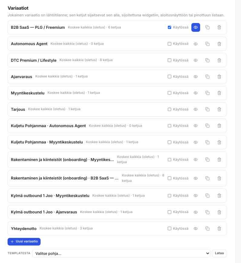 Myyntiagentin versioiden hallinta Cloopissa: valmiit pohjat eri kampanjoihin ja tilanteisiin.