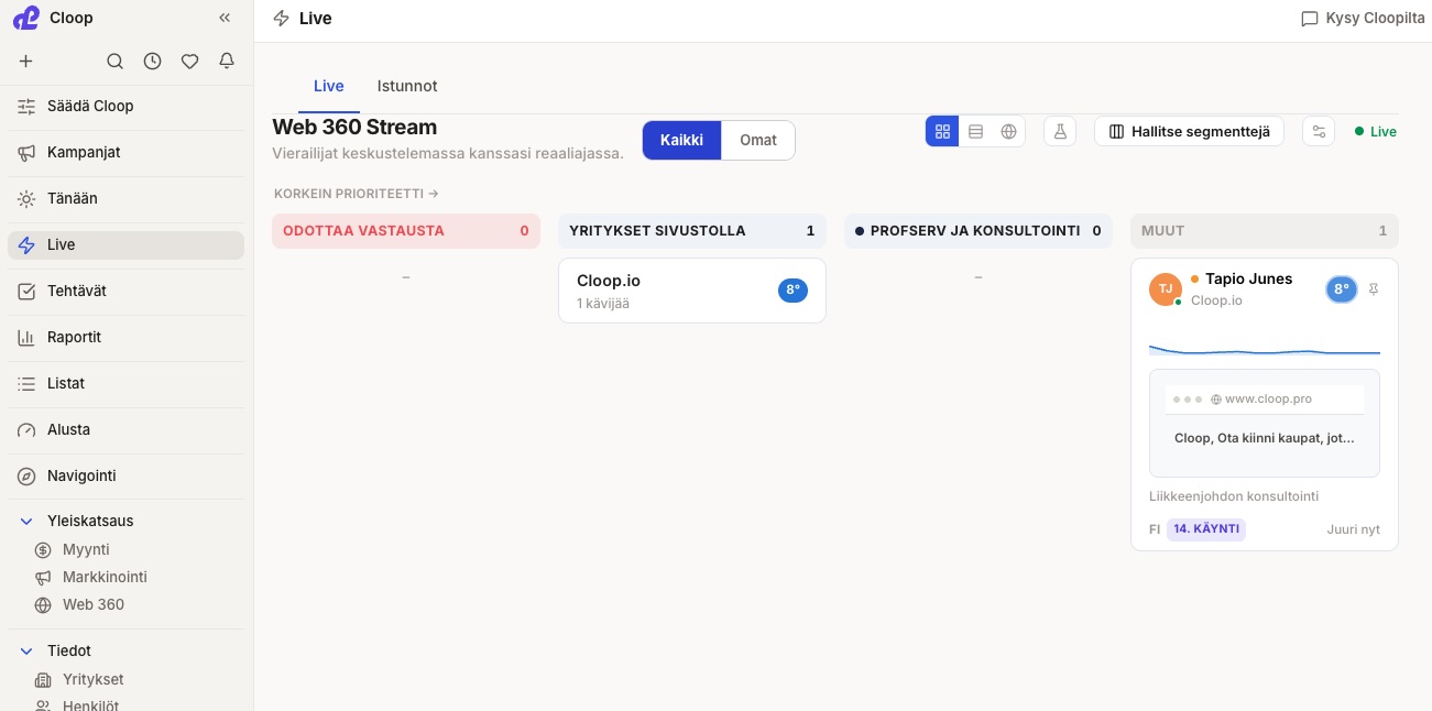 Livenäkymä, jossa myyjä näkee kohderyhmän edustajan selaamassa sivustoa ja tämän taustatiedot.