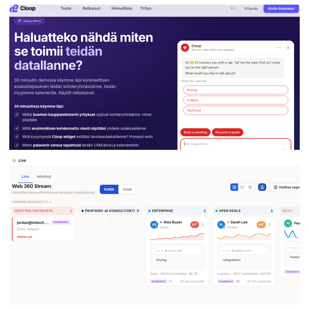 Cloopin tunnistama vastaanottaja ja ehdotetut vaihtoehdot seuraavaksi toimenpiteeksi.